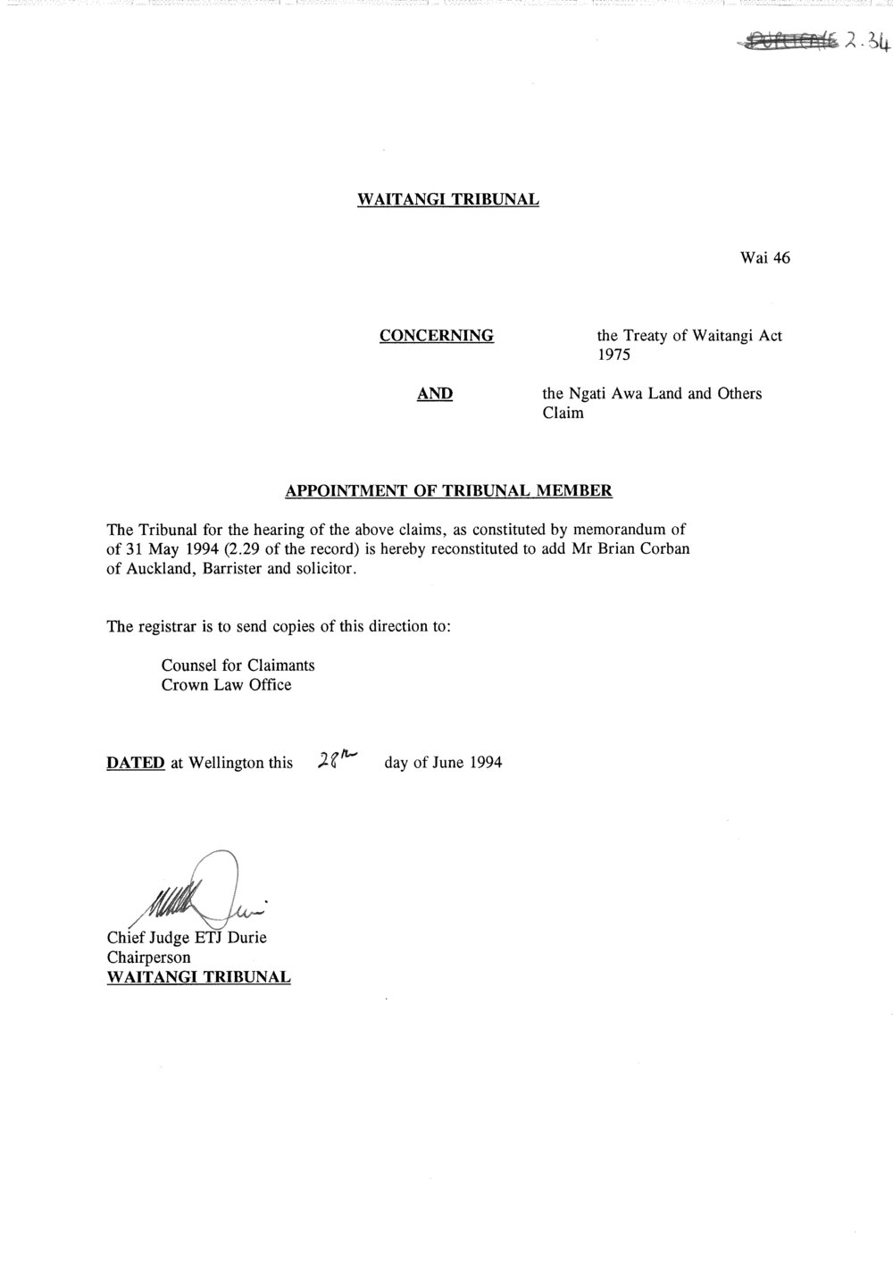 Wai 46_INQ_2.34_Appointment of Tribunal Member 28 June 1994