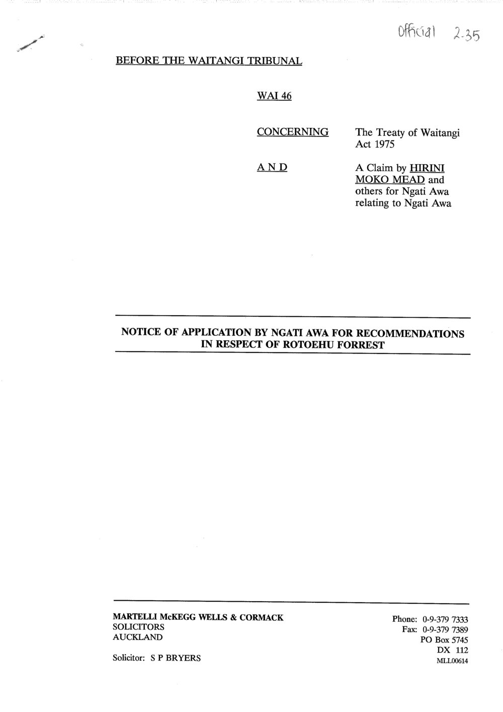 Wai 46_INQ_2.35_Notice of Application by Ngati Awa for Recc in Respect of Rotoehu Forest