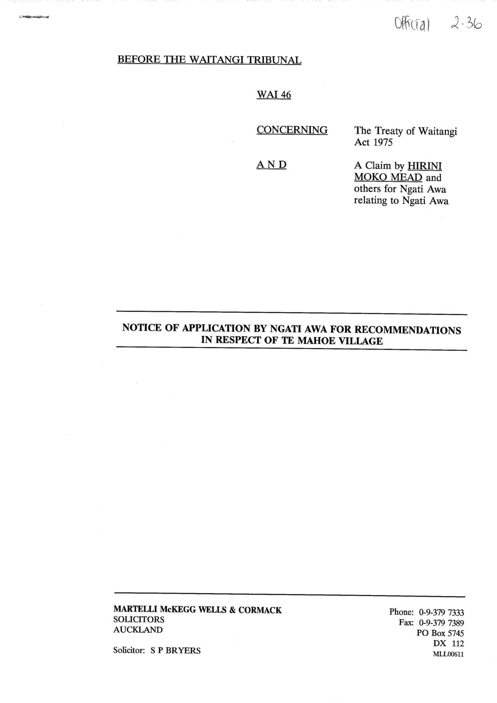 Wai 46_INQ_2.36_Notice of Application by Ngati Awa For Recc in Respect of Te Mahoe Village