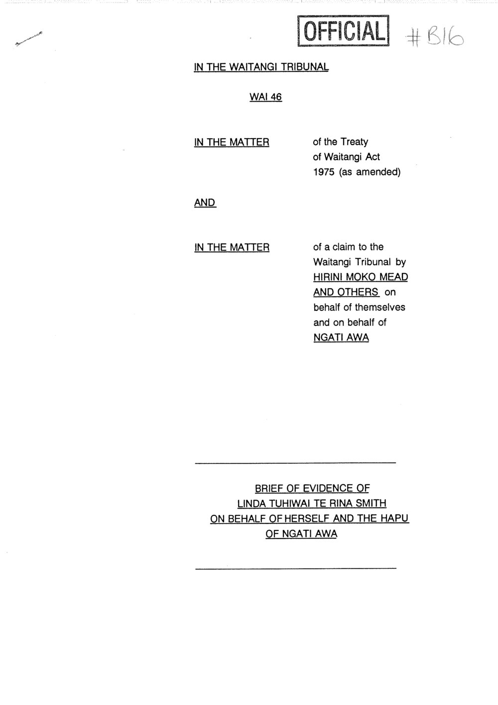 Wai 46_INQ_B016_Brief Evidence of Linda Tuhiwai Te Rina Smith on behalf of Ngati Awa