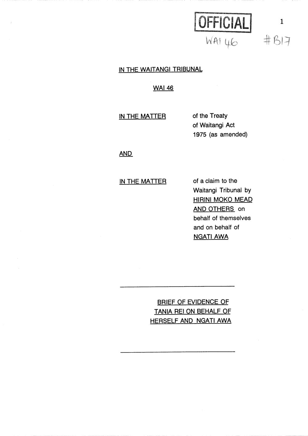 Wai 46_INQ_B017_Brief Evidence of Tania Rei on behalf of Ngati Awa
