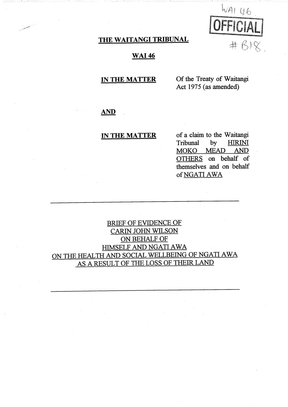 Wai 46_INQ_B018_Brief of Evidence of C Wison on behalf of Ngati Awa RE Health and Social wellbeing of Ngati Awa