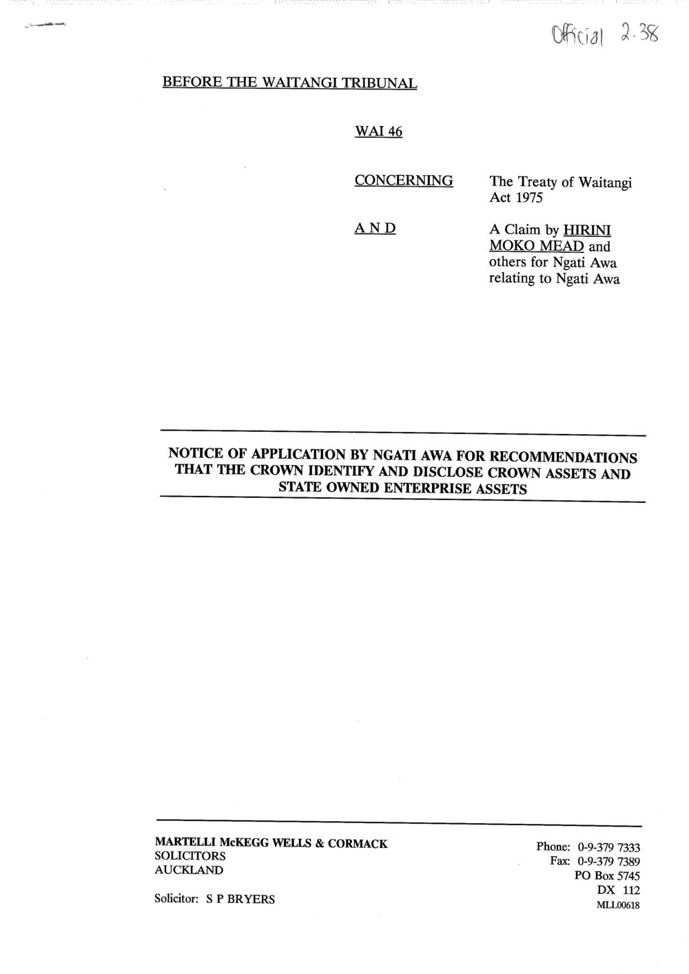 Wai 46_INQ_2.38_Notice of Application by NA for Reccomendations that the Crown Identify and disclose Crown Assets and State Owned Enterprise 28 Jun 1994