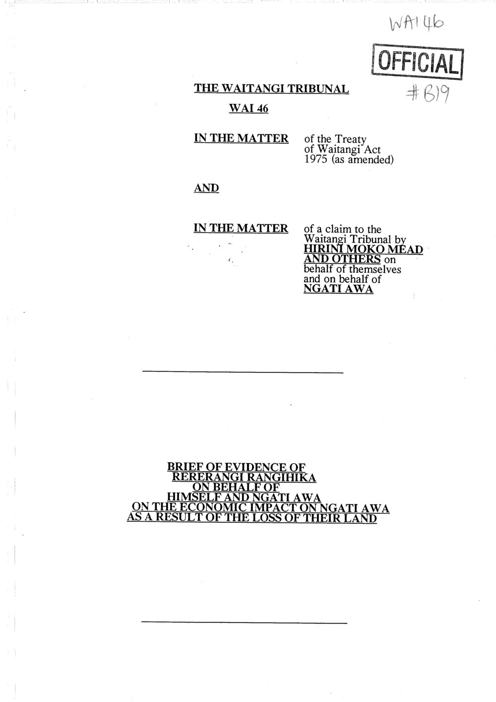 Wai 46_INQ_B019_Brief of Evidence of R Rangihika on behalf of Ngati Awa