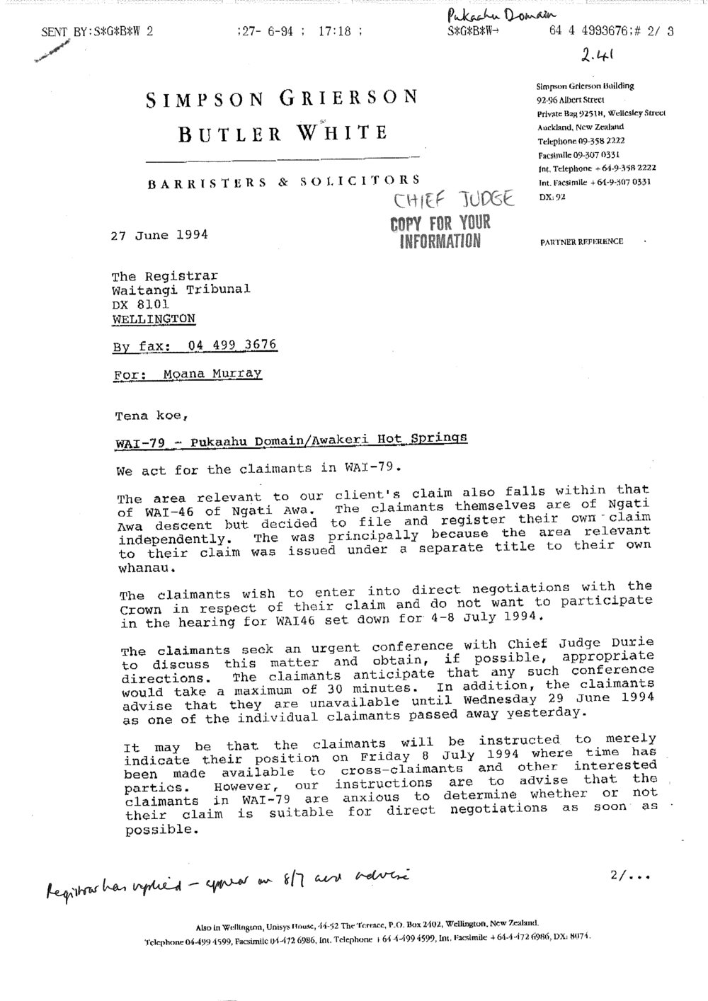Wai 46_INQ_2.41_Letter RE Pakaagy Domain, Awakeri Hot Springs 27 June 1994