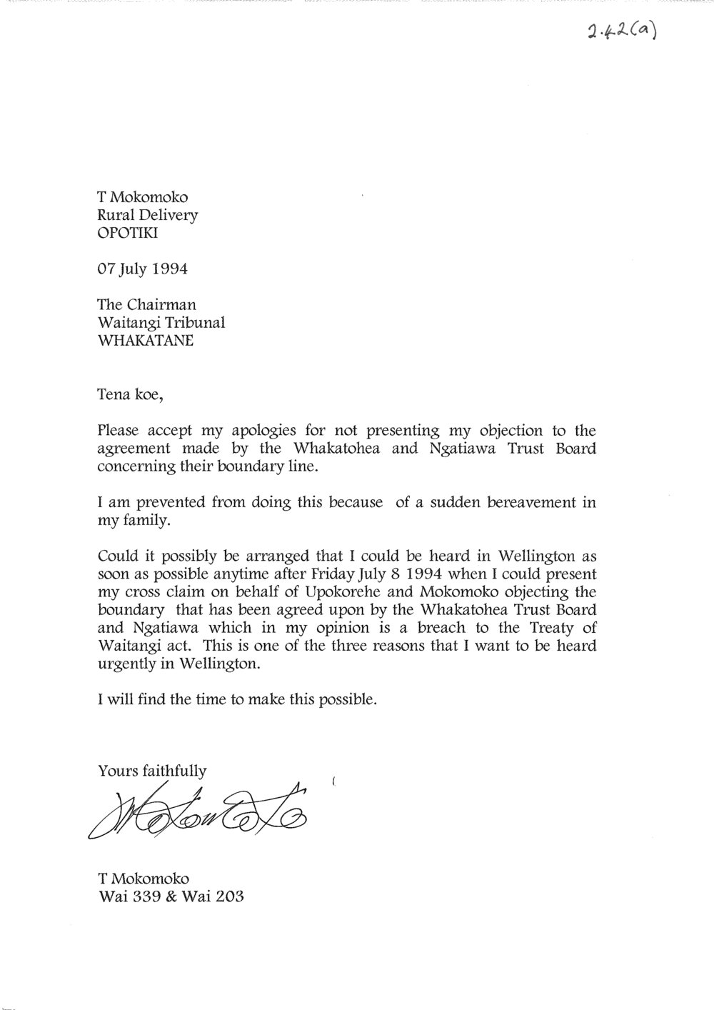 Wai 46_INQ_2.42 (a)_Letter by T Mokomoko Objection to Boundary Line 7 July 1994