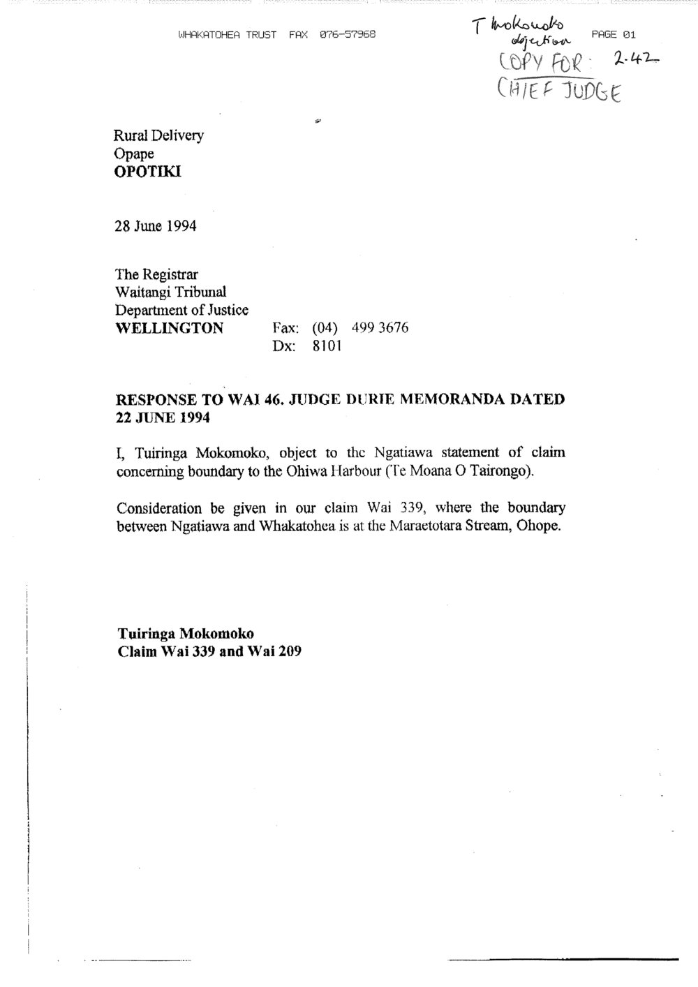 Wai 46_INQ_2.42_Response to Wai 46, Judge Duri Memoranda - 28 June 1994