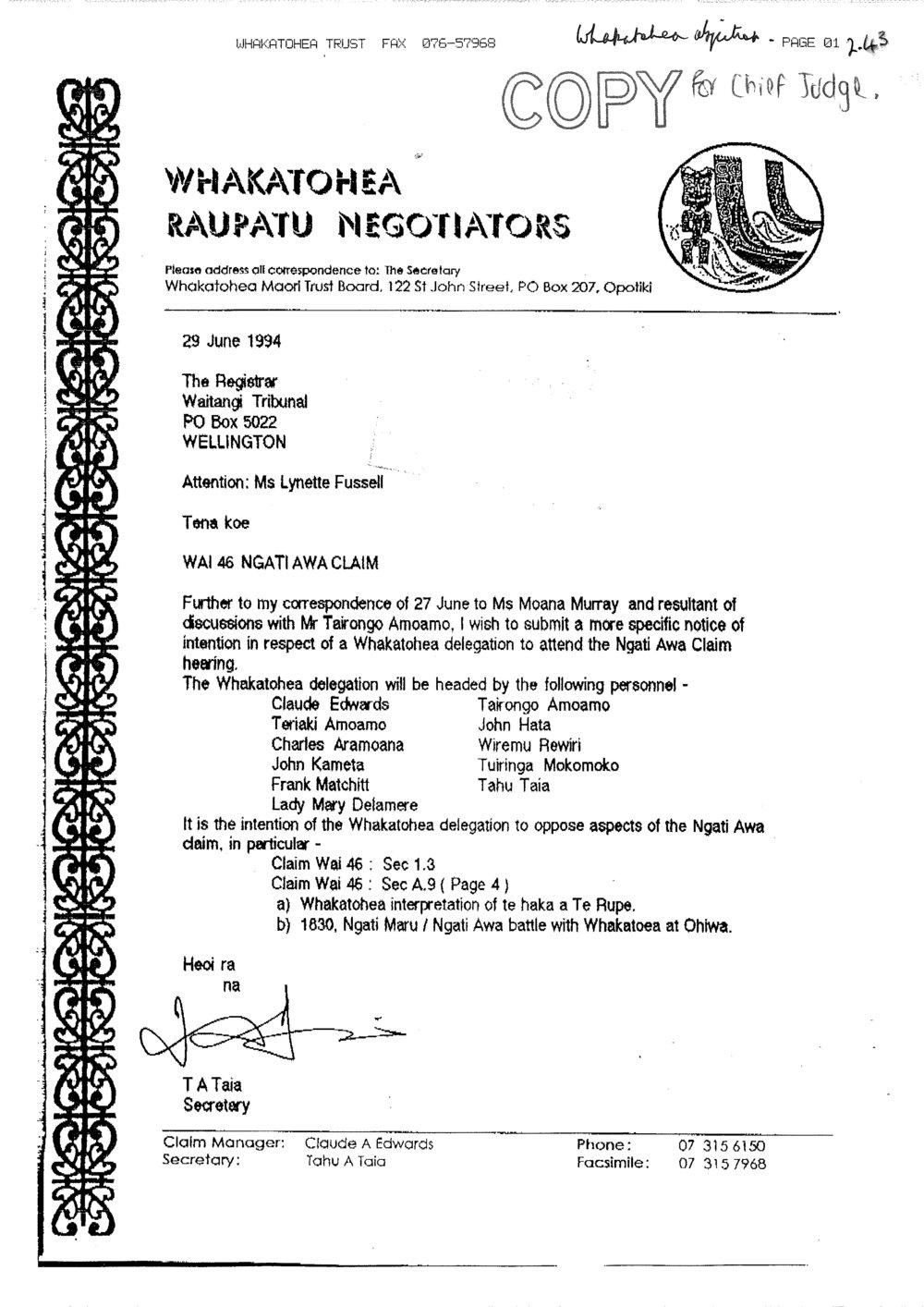 Wai 46_INQ_2.43_Letter Wai 46 Ngati Awa Claim 29 June 1994
