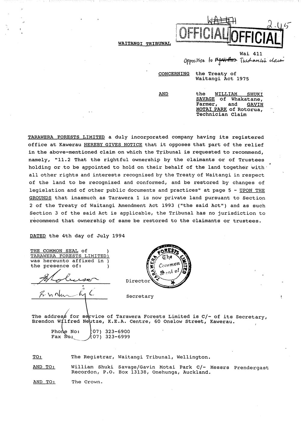 Wai 46_INQ_2.45_Tarawera Forests Limited Give notice and oppose claims 4 July 1994