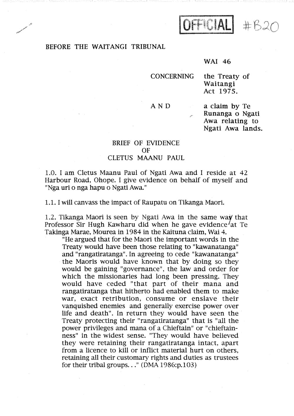 Wai 46_INQ_B020_Brief of Evidence of Cletus Maanu Paul