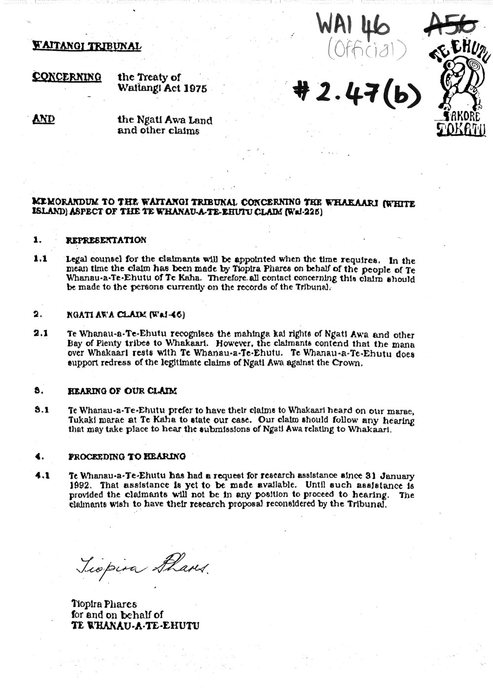 Wai 46_INQ_2.47 (b)_Memo to Waitangi Tribunal RE Whakaari aspect of the Te Whanau a te-Ehutu Claim 1994