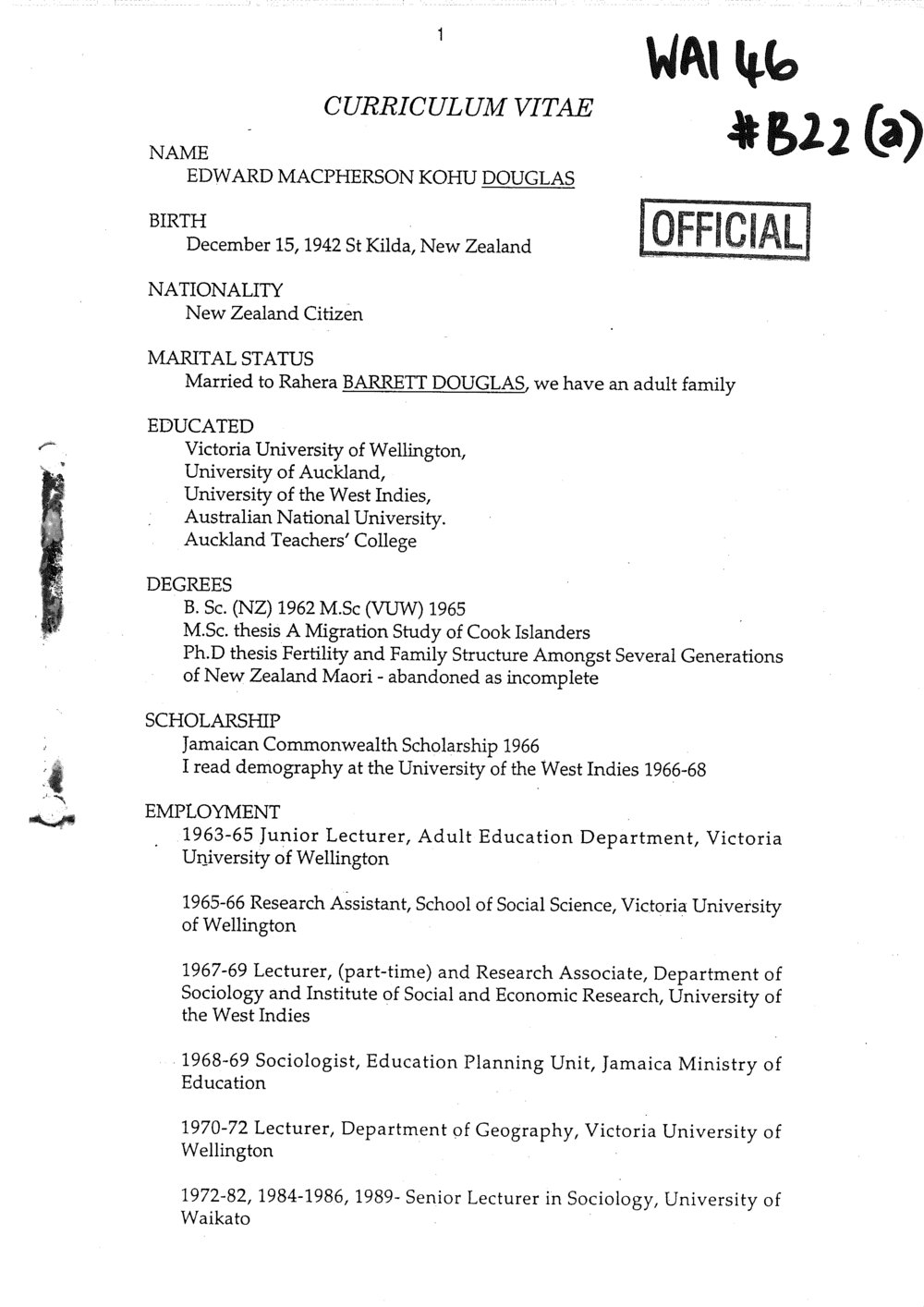 Wai 46_INQ_B022 (a)_Edward Douglas - CV