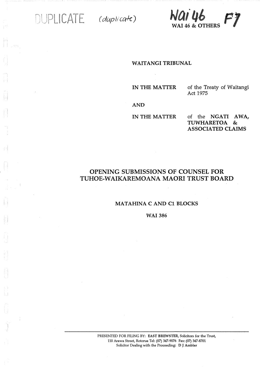 Wai 46_INQ_F007_Submission of Counsel for Tuhoe-Waikaremoana Maori Trust Board RE Matahina
