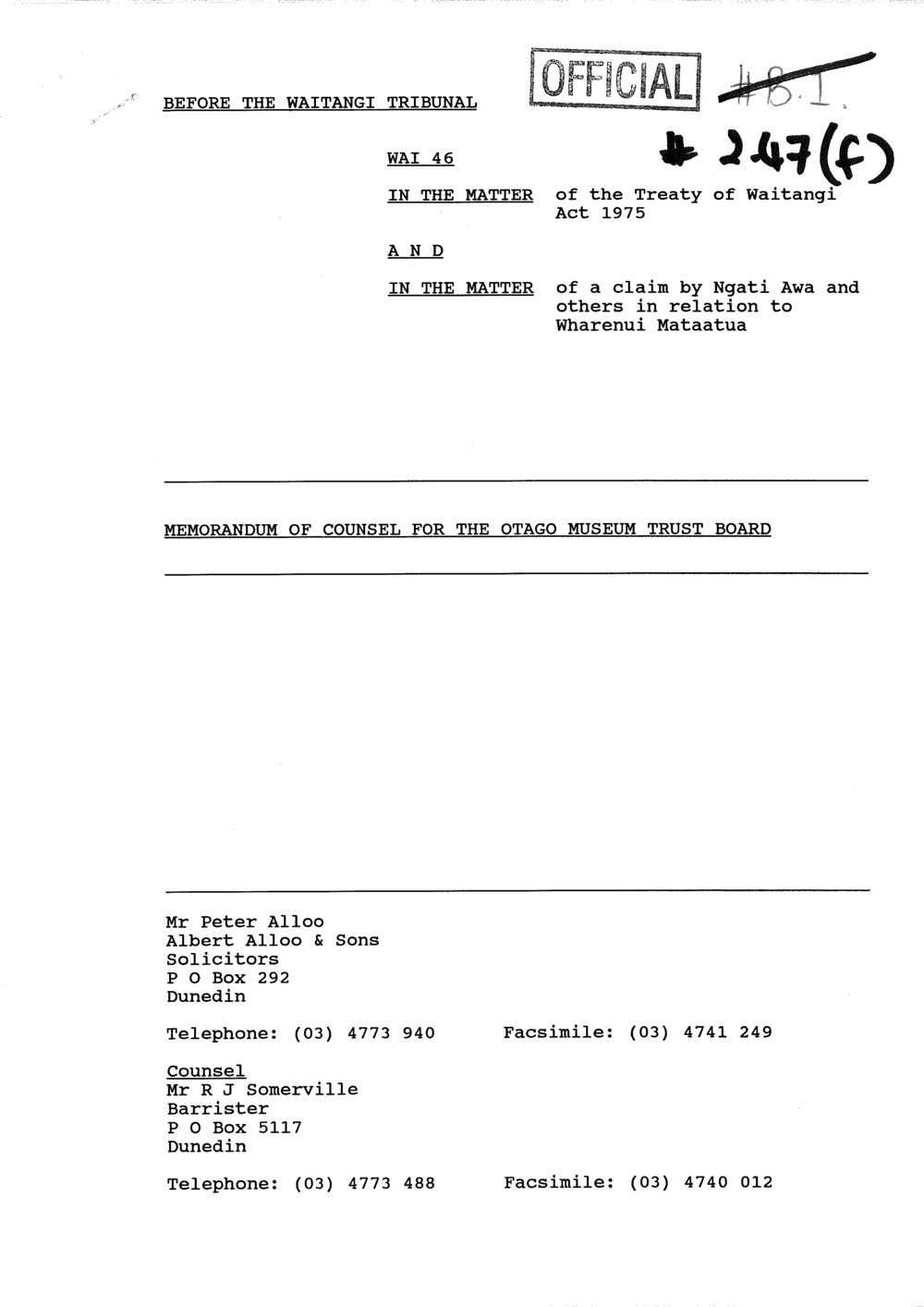 Wai 46_INQ_2.47 (f)_Memo of Counsel for the Otago Museum Trust Board 9 Aug 1994
