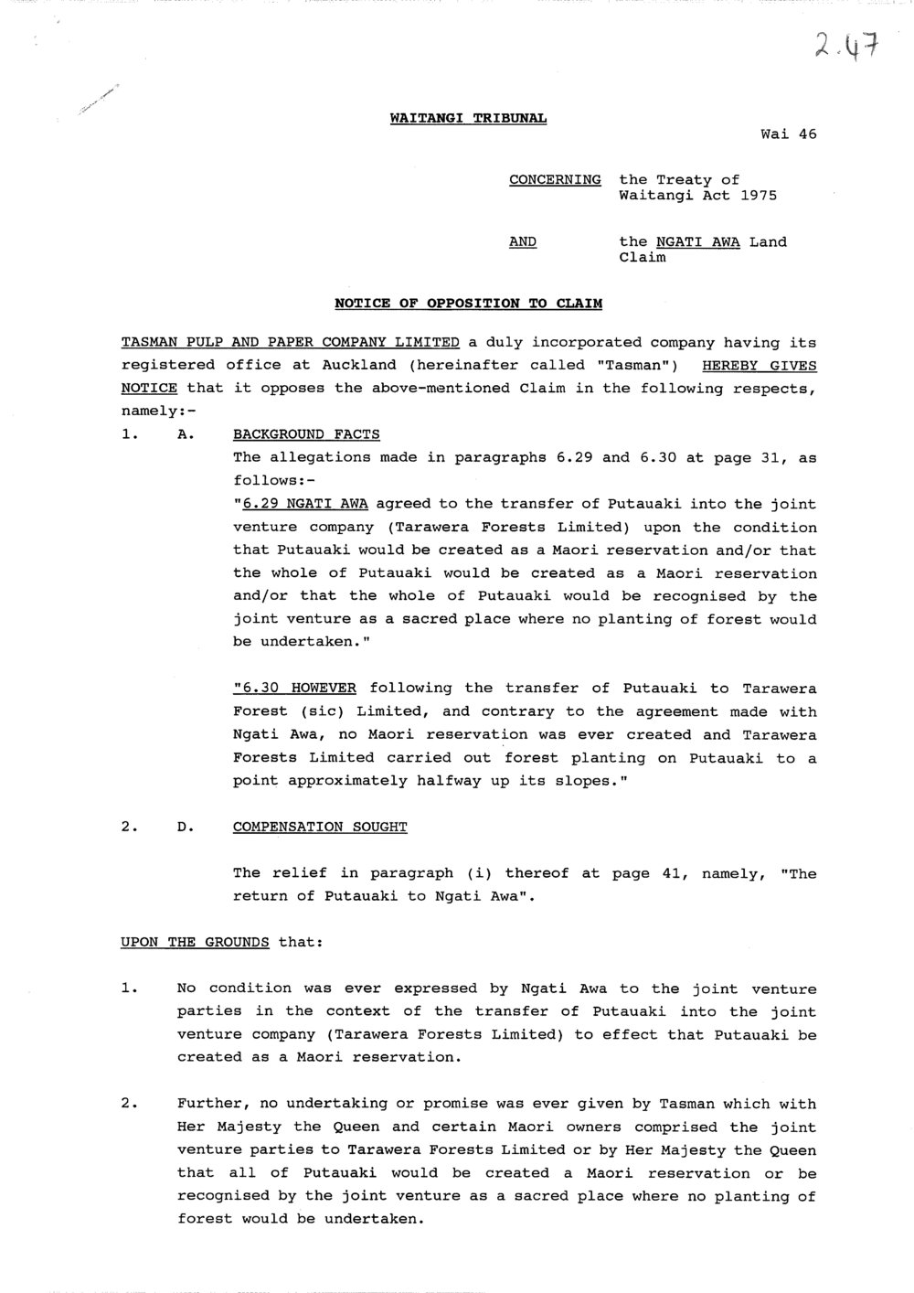Wai 46_INQ_2.47_Notice of Opposition to Ngati Awa Claim - Tasman