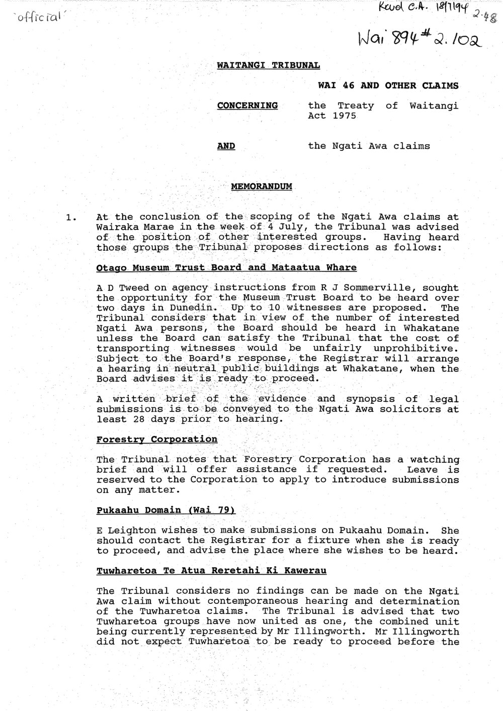 Wai 46_INQ_2.48_Memo RE Scoping of Ngati Awa Claims - Wairaka Marae July 1994