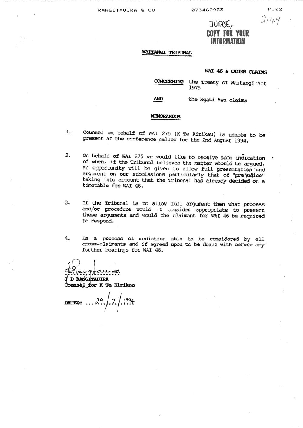 Wai 46_INQ_2.49_Memo RE Ngati Awa Claims 29 Sep 1994