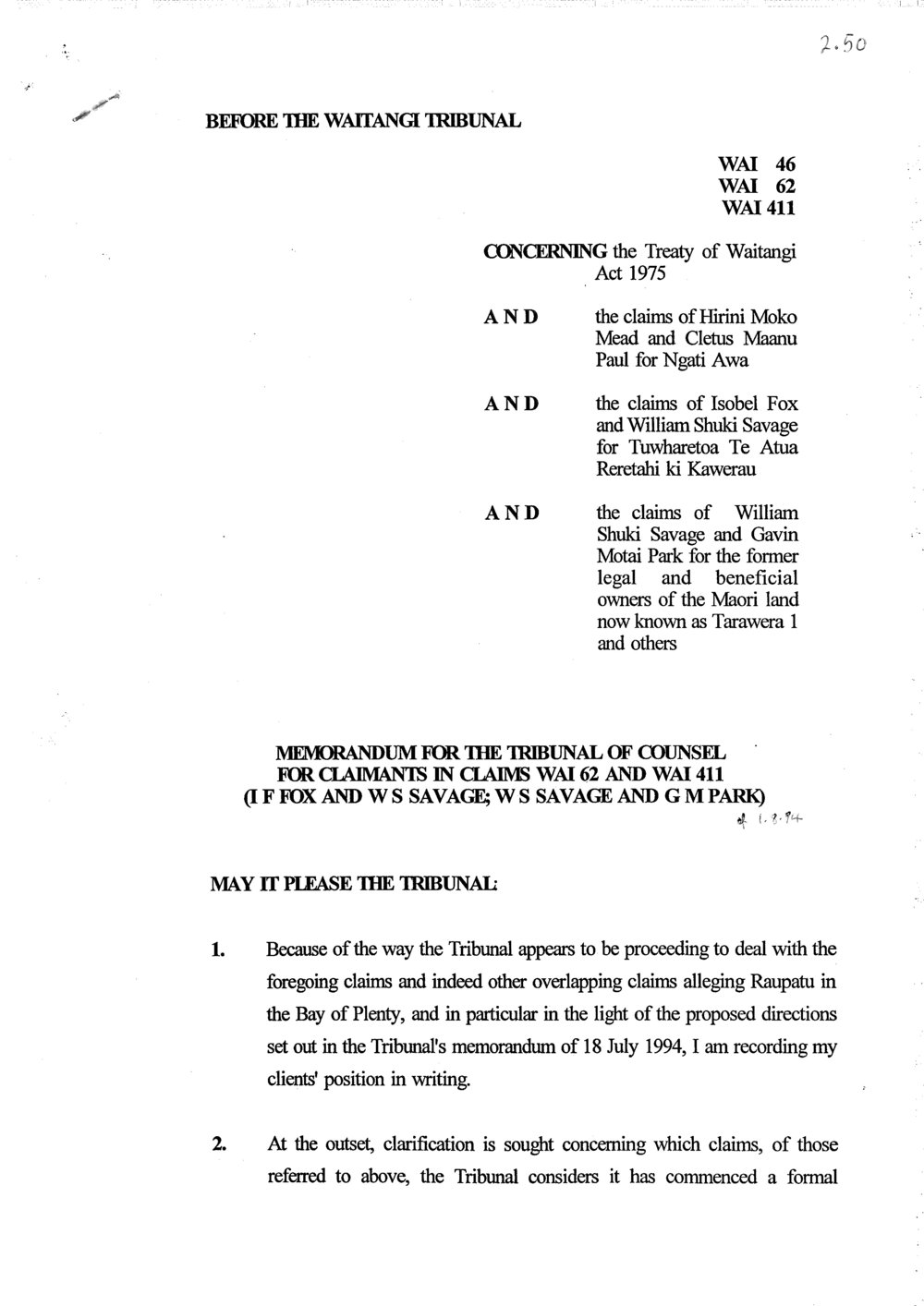 Wai 46_INQ_2.50_Memo for the Tribunal of Counsel for Claimants in Claims Wai 62 and Wai 411