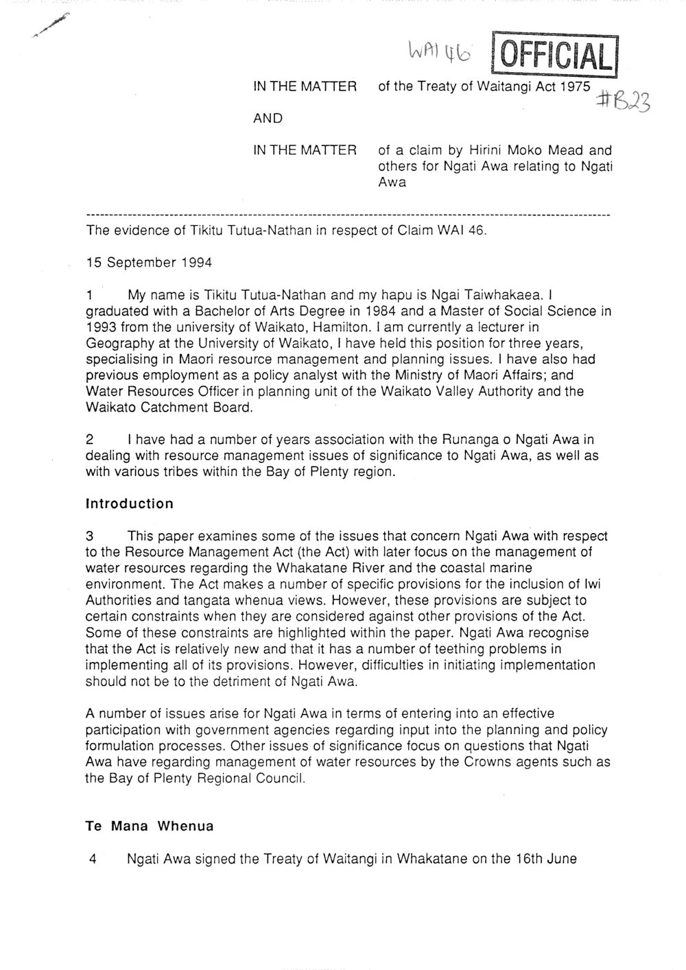 Wai 46_INQ_B023_Evidence of Tikitu Nathan RE Wai 46 Claim