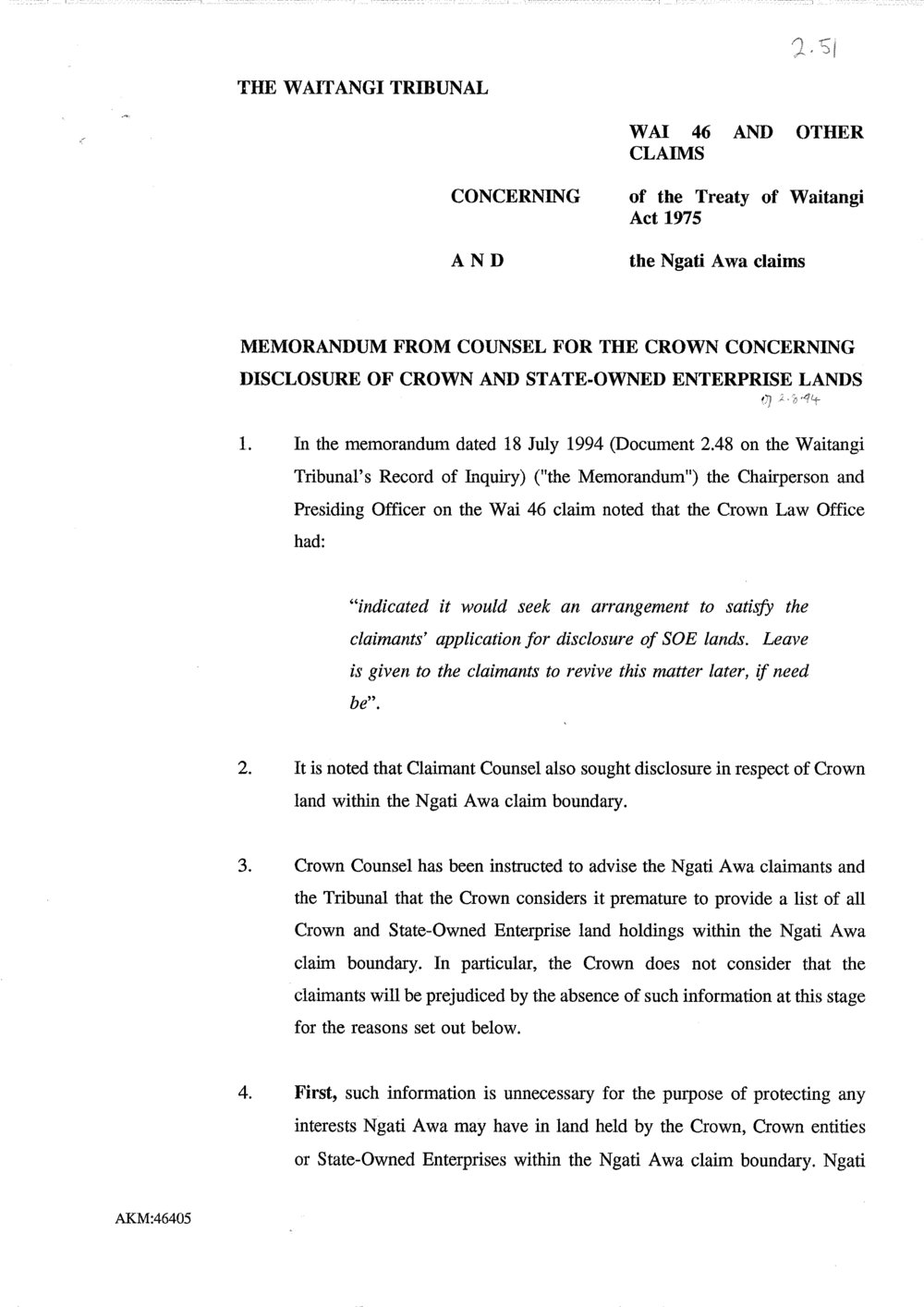 Wai 46_INQ_2.51_Memo From Counsel for The Crown RE Disclosure of Crown and State-Owned Enterprise Lands