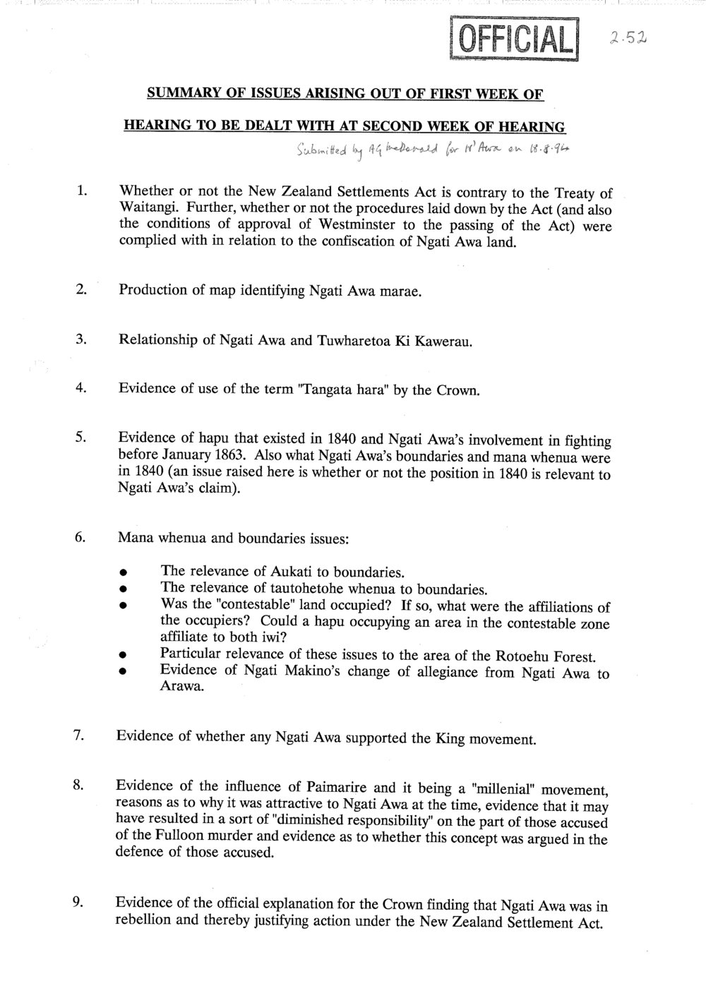 Wai 46_INQ_2.52_Summary of Issues arising of first week of hearing to be dealth in second week of hearing