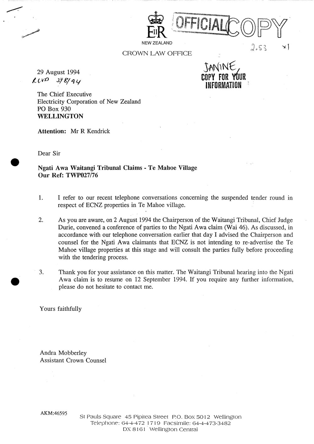 Wai 46_INQ_2.53_Letter RE Ngati Awa Tribunal Claims - Te Mahoe Village