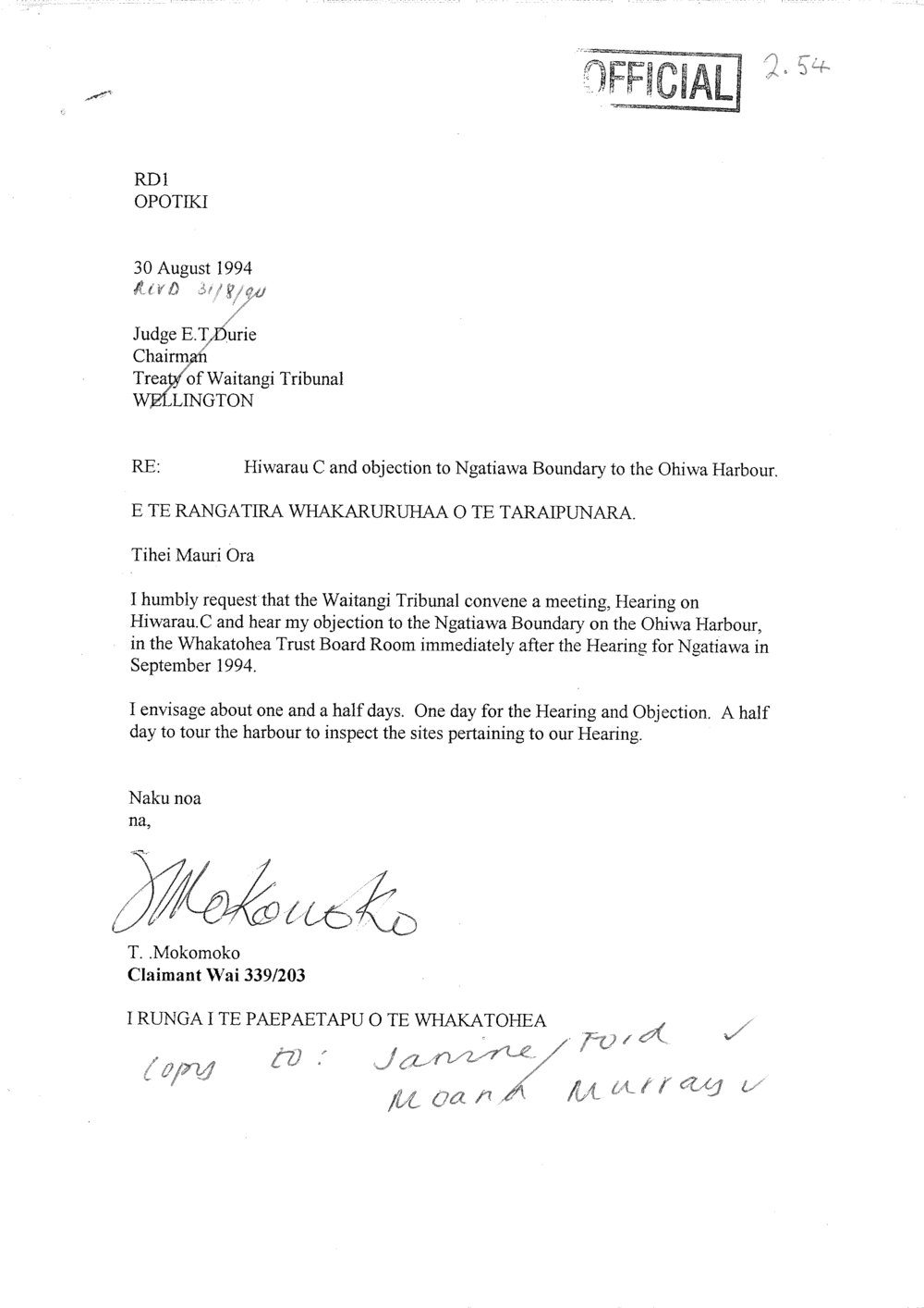 Wai 46_INQ_2.54_Hiwarau C and objection to Ngati Awa Boundary to the Ohiwa Harbour