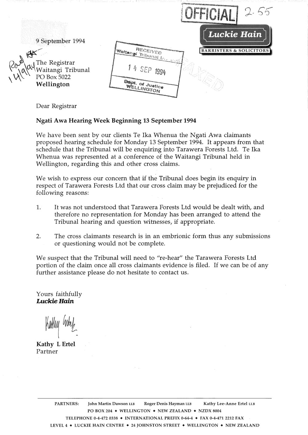Wai 46_INQ_2.55_Letter RE Ngati Awa Hearing Week Behinning 13 Sep 1994