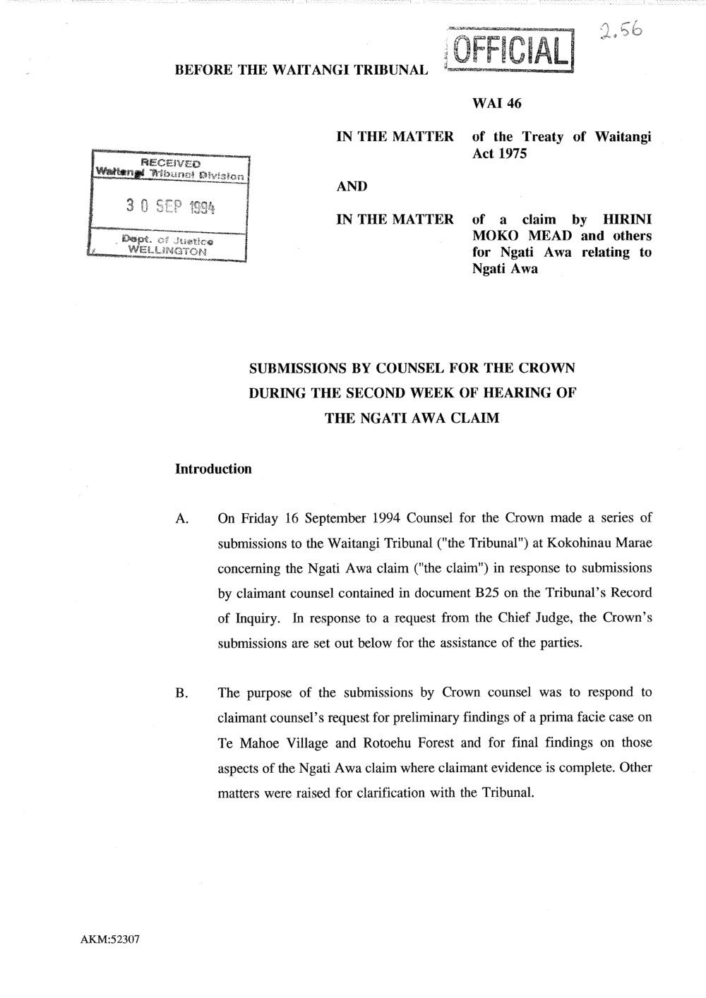 Wai 46_INQ_2.56_Submissions by Counsel for The Crown During the second week of hearing of NA Claim 29 Sep 1994