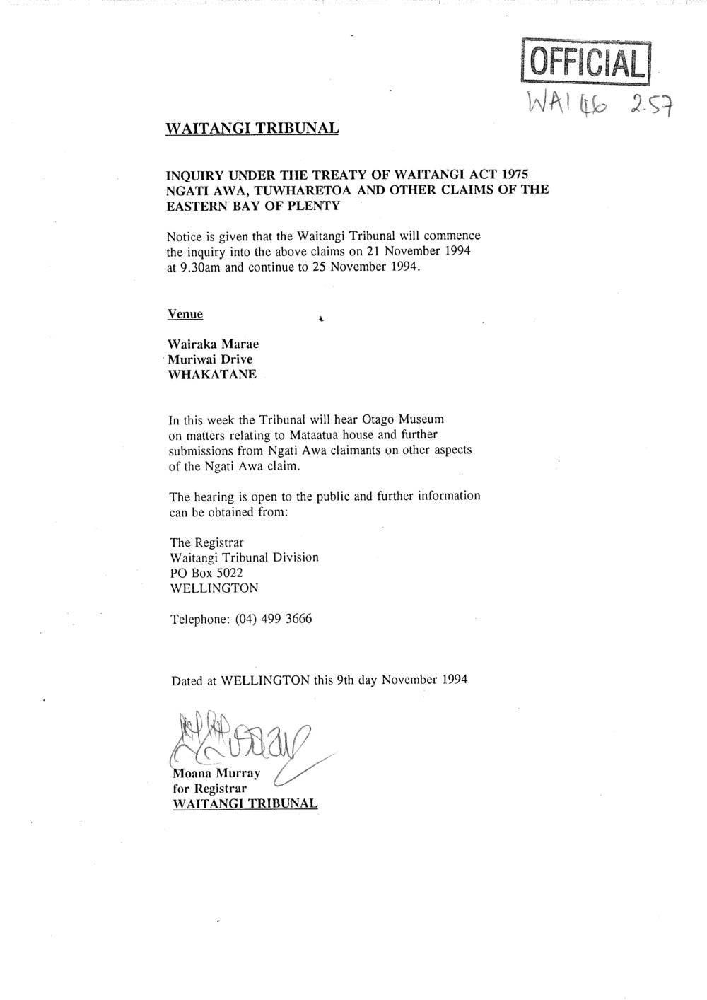 Wai 46_INQ_2.57_Notice that Tribunal will commence inquiry into EBOP Claims 25 Nov 1994