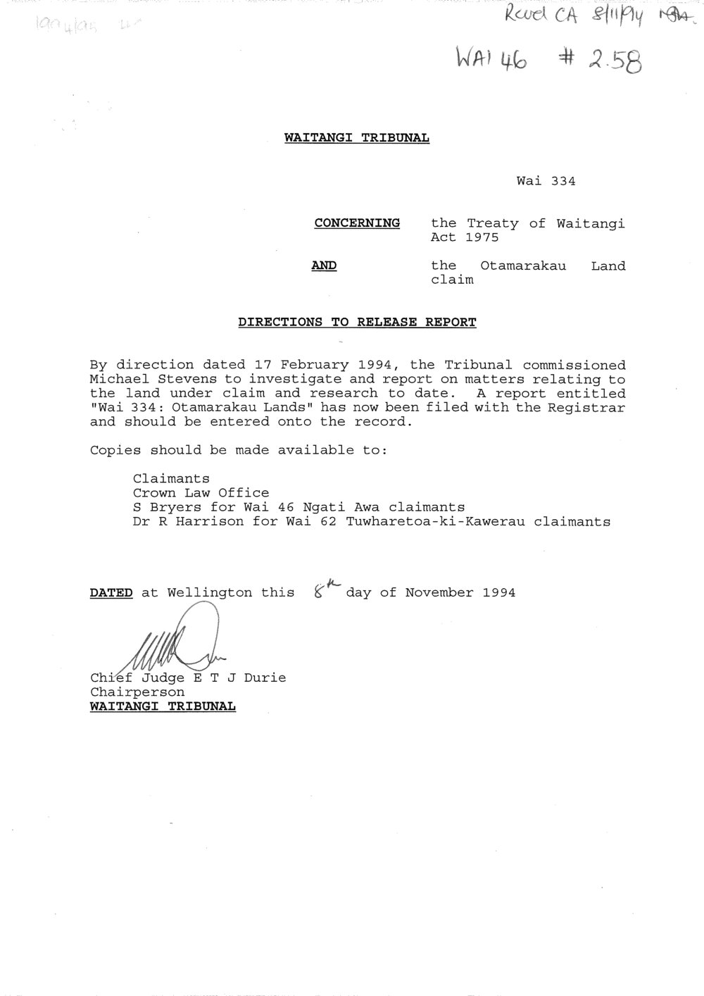 Wai 46_INQ_2.58_Directions to Release Report RE The Otamarakau Land Claim