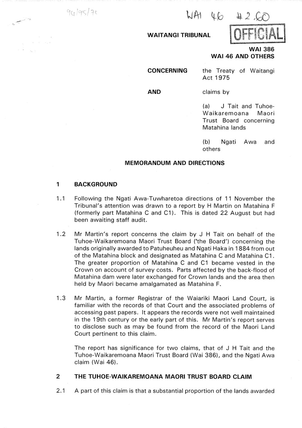 Wai 46_INQ_2.60_Memo and Directions RE Waikaremoana Maori Trust Board concerning Matahina lands 14 Nov 1994