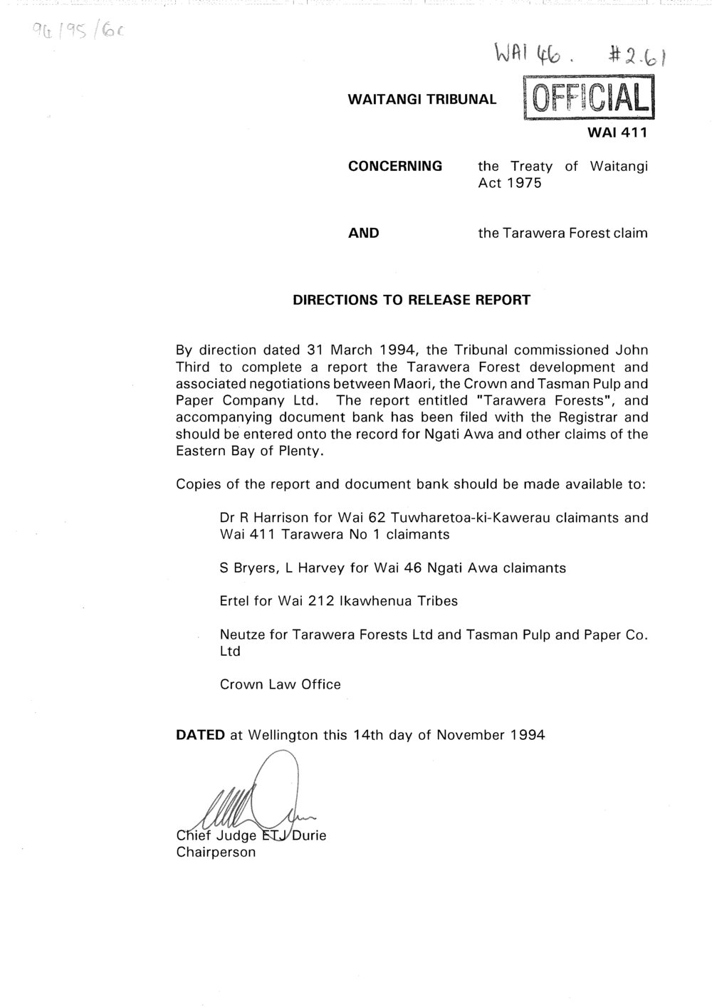 Wai 46_INQ_2.61_Directions to Release Report RE The Tarawera Forest Nov 1994