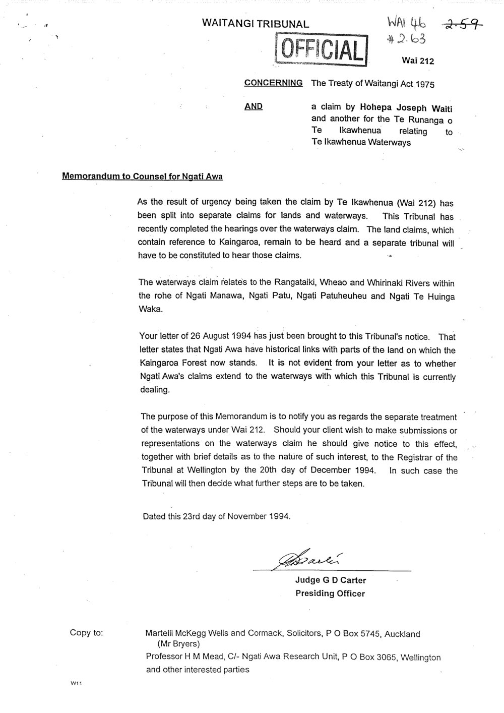 Wai 46_INQ_2.63_Memo to Counsel for Ngati Awa RE Ikawhenua Lands 23 Nov 1995