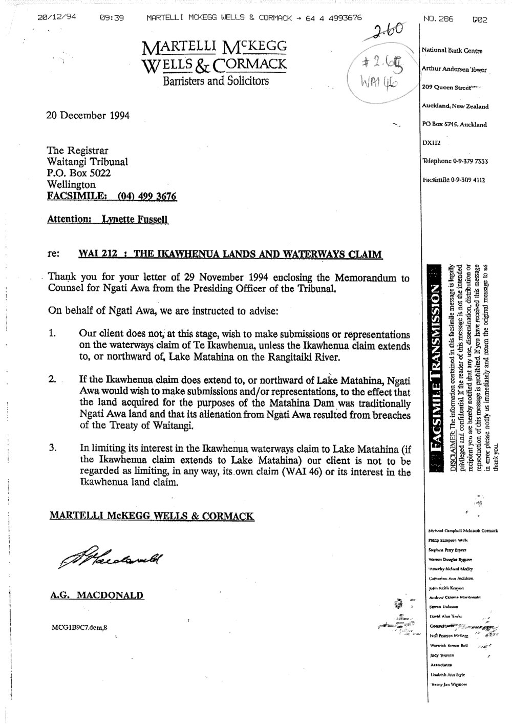 Wai 46_INQ_2.65_Letter RE The Ikawhenua Lands and Waterways Claim