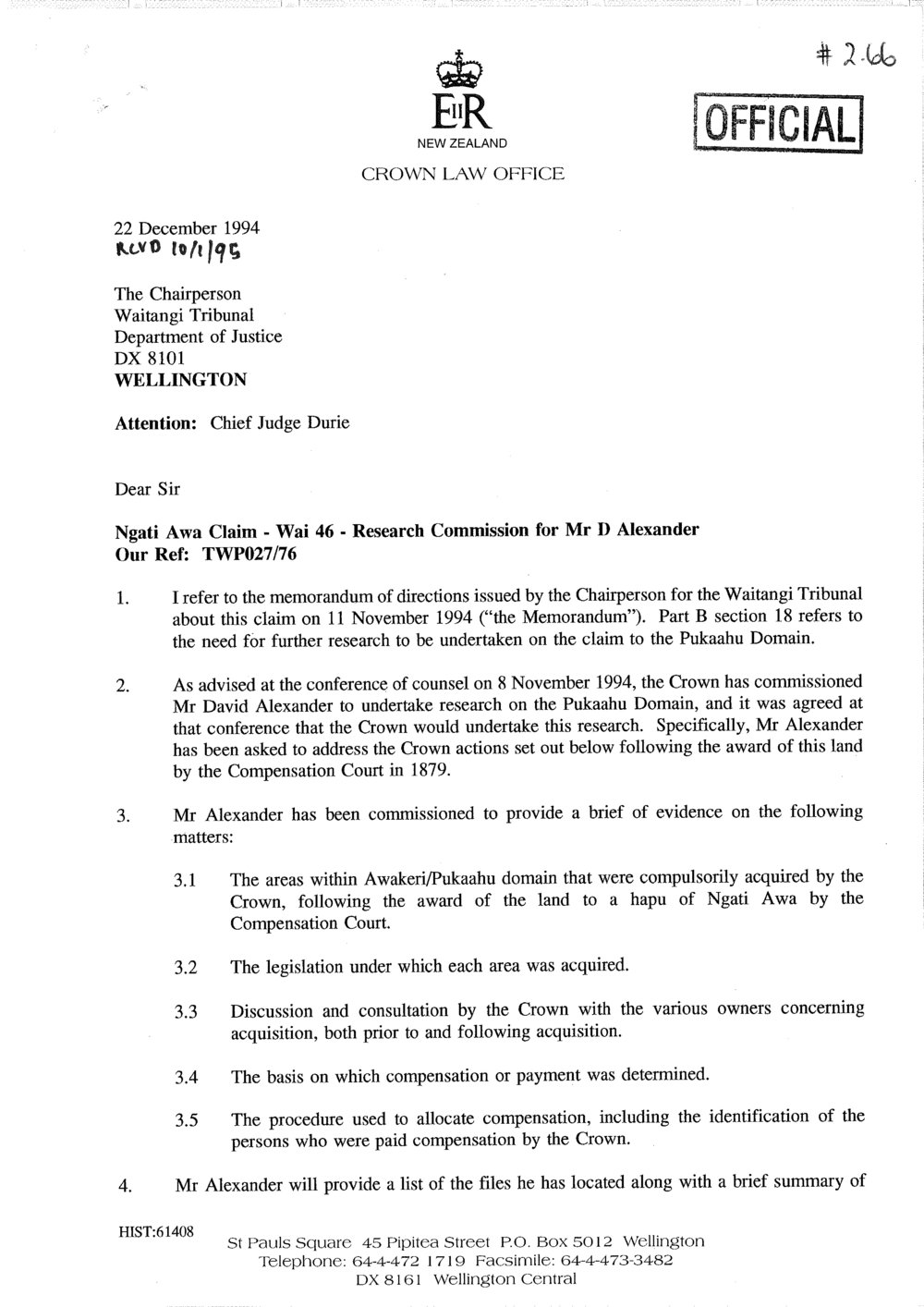Wai 46_INQ_2.66_Letter RE Ngati Awa Claim - Research Commission