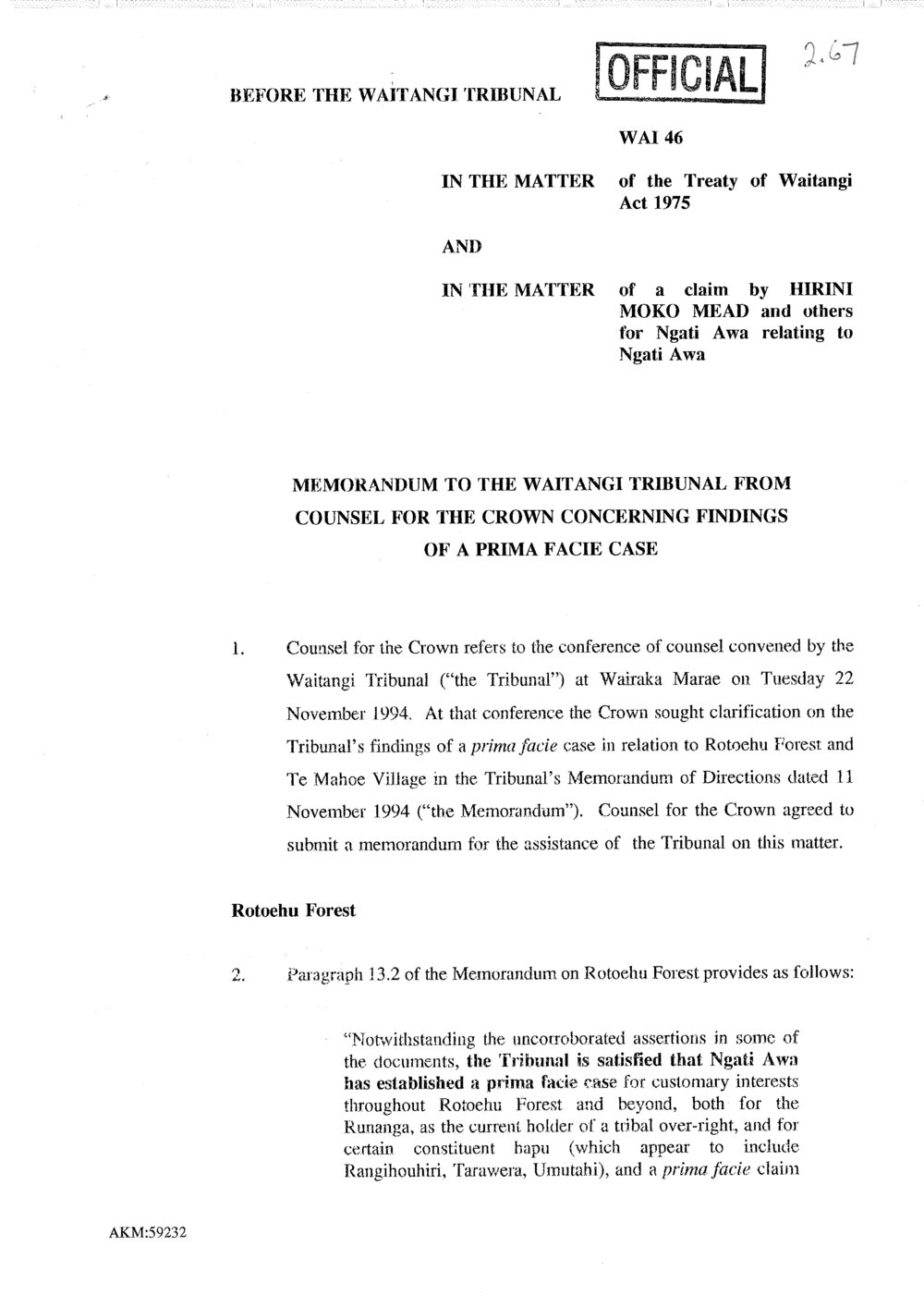 Wai 46_INQ_2.67_Memo to Waitangi Tribunal from Counsel for The Crown RE Findings of a Prima Facie Case