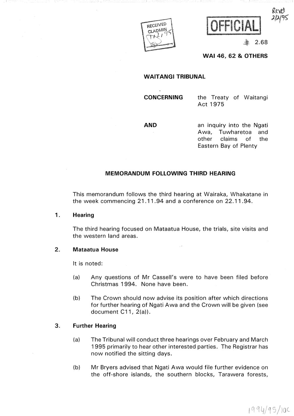 Wai 46_INQ_2.68_Memo following third hearing 1 Feb 1995