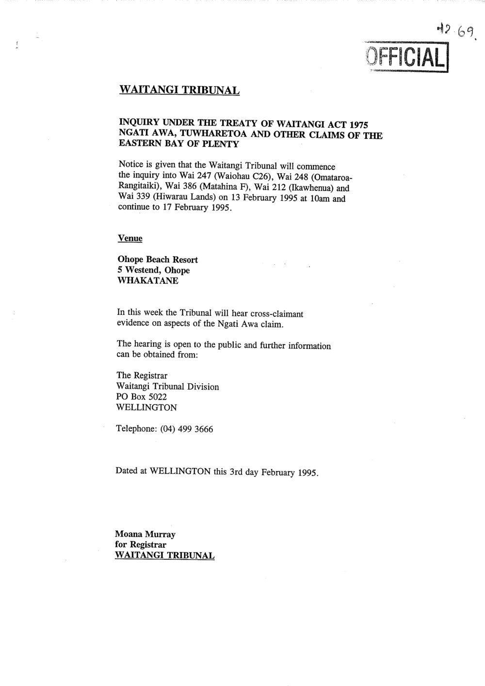 Wai 46_INQ_2.69_Notice given that Waitangi Tribunal will commence inquiry into Wai 247