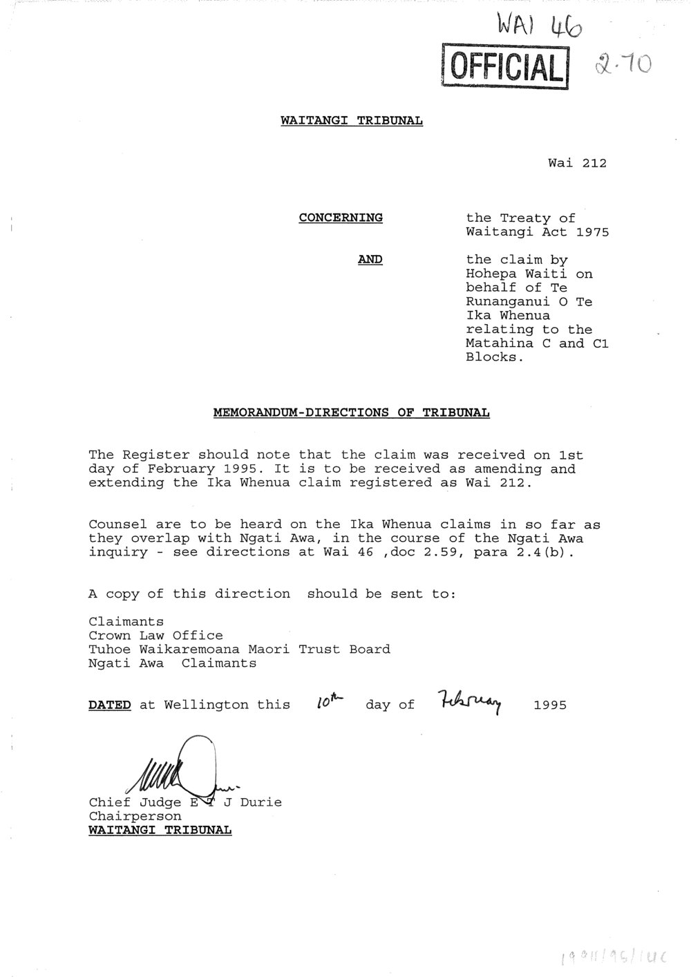 Wai 46_INQ_2.70_Memo Directions of Tribunal RE Te Runanganui o Te Ika Whenua relating to Matahina C and C1 Blocks