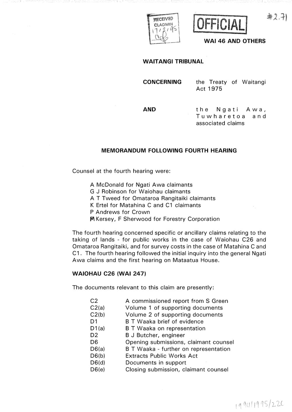 Wai 46_INQ_2.71_Memo Following 4th Hearing 17 Feb 1995