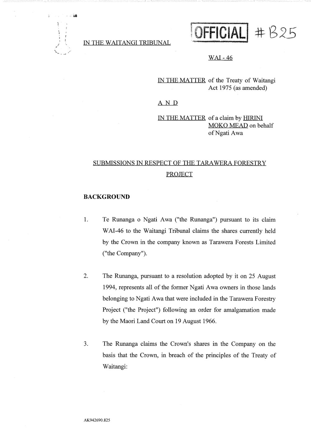 Wai 46_INQ_B025_Submissions in respect of The Tarawera Forestry Project