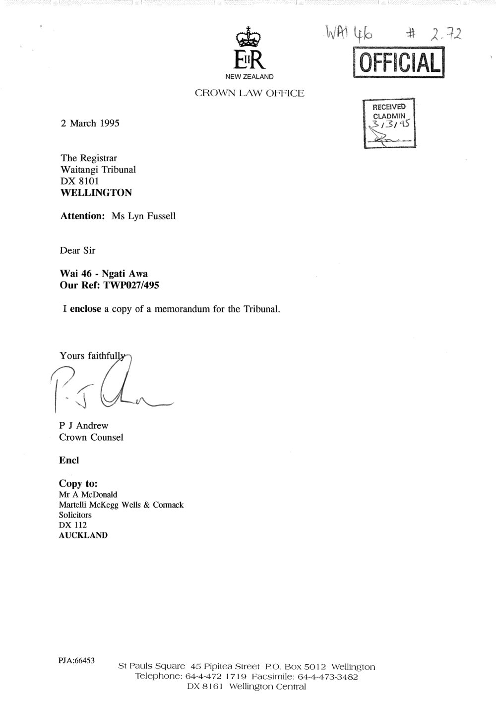 Wai 46_INQ_2.72_Letter - Enclosed cope of memorandum for the Tribunal 2 March 1995
