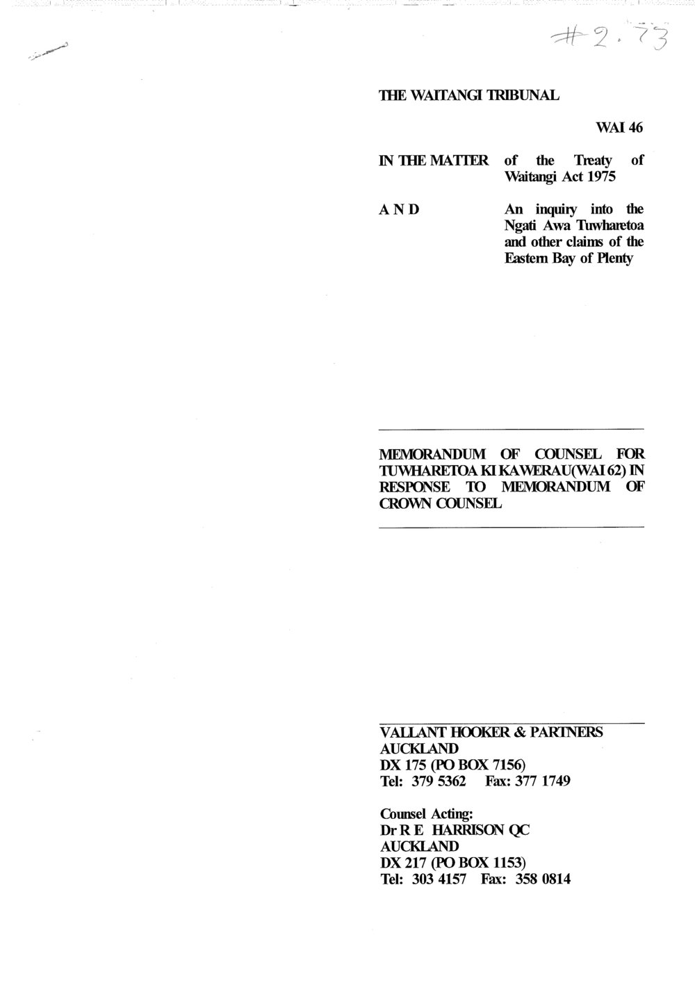 Wai 46_INQ_2.73_Memo of Counsel for Tuwharetoa ki Kawerau in response to Memo of Crown Counsel 15 March 1995