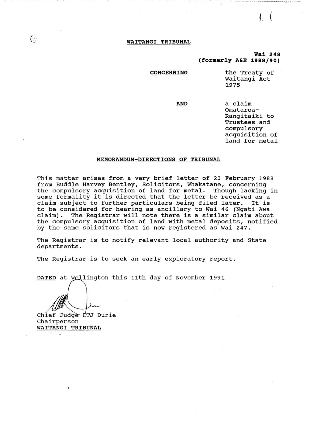 Wai 46_INQ_C001 (a) Folder 1_Memo - Directions of Tribunal RE A claim - Omataroa - Rangitaiki to Trustees and compulsory acquisition of land for metal