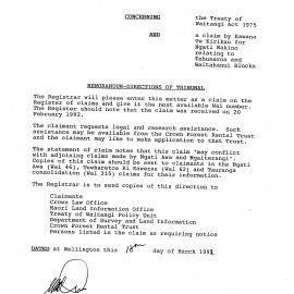 Wai 46_INQ_ 2.15 (a)_Memo Directions of Tribunal RE Te Kirikau for Ngati Makino RE Tahunaroa and Waitahanui Blocks 18 March 1992