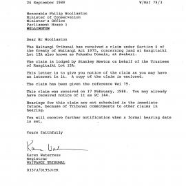 Wai 46_INQ_2.7_Letter Pukaahu Claim Received by Waitangi Tribunal 26 Sep 1989