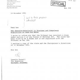 Wai 46_INQ_2.14 (a)(i)_Letter RE Omataroa-Rangitaiki to Trustees and Compolsory Acquisition of Land for Metal 14 Nov 1991