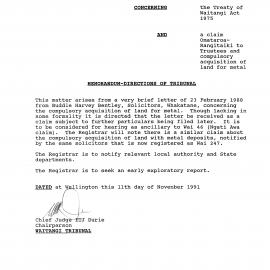 Wai 46_INQ_2.14 (a)_Memo - Directions of Tribunal RE Omataroa-Rangitaiki to Trustees and Compulsory acquisition of land for metal 11 day of Nov 1991