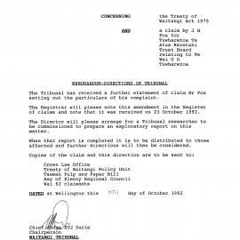 Wai 46_INQ_2.16 (a)_Memo Directions of Tribunal RE Claim by J N Fox for Tuwharetoa 6 Oct 1992